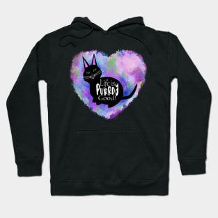 Cute Black Cat and Purple Rainbow Heart. Life is Purrdy Good! Hoodie